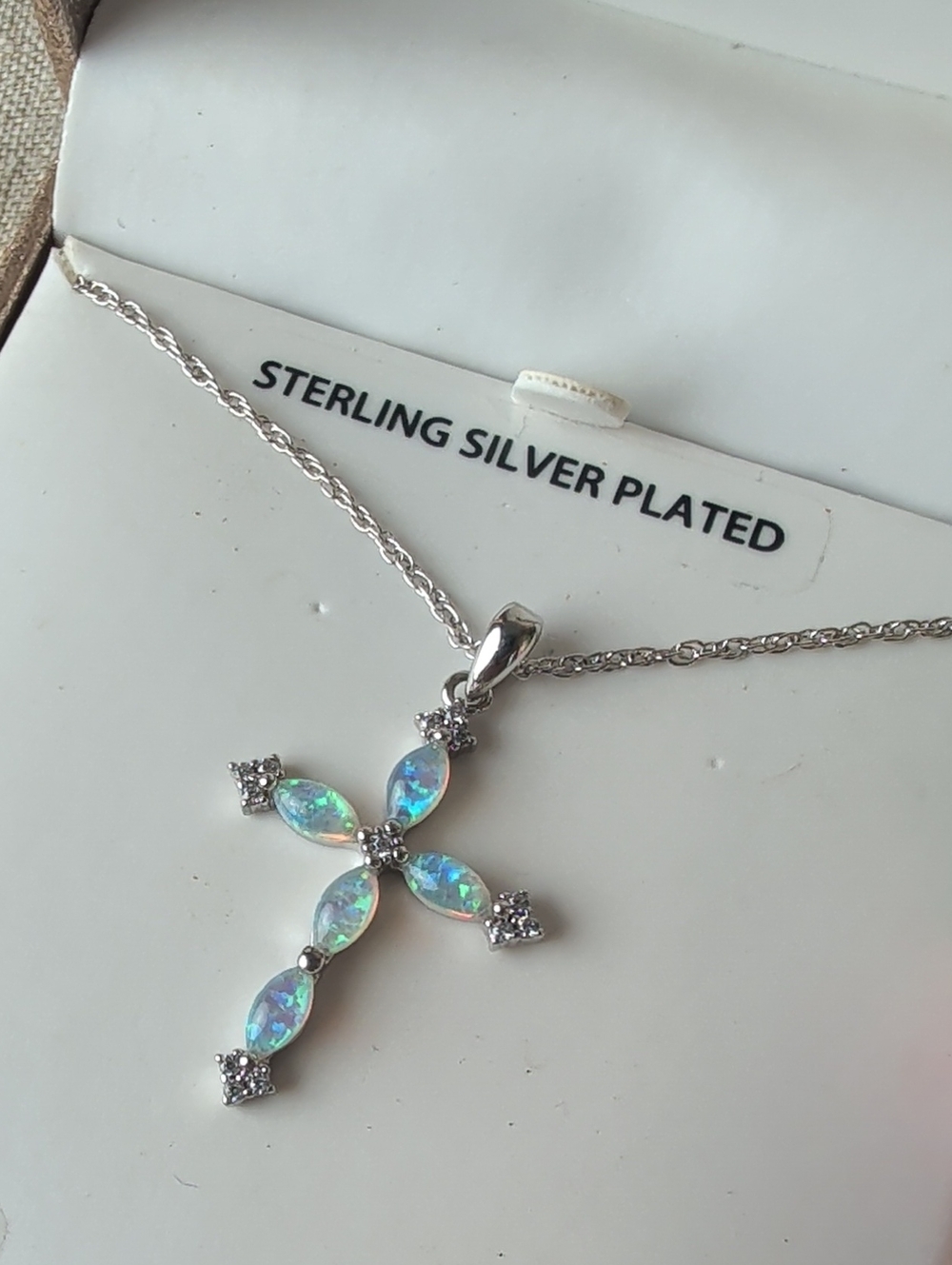 Brilliance Fine Jewelry Simulated Opal Cross Necklace Sterling Silver Plated - Picture 2 of 7